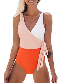 Women's One Piece Swimsuit Wrap Color Block Tie Side Bathing Suit