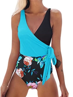 Women's One Piece Swimsuit Wrap Color Block Tie Side Bathing Suit