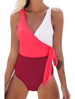 Women's One Piece Swimsuit Wrap Color Block Tie Side Bathing Suit