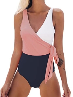 Women's One Piece Swimsuit Wrap Color Block Tie Side Bathing Suit