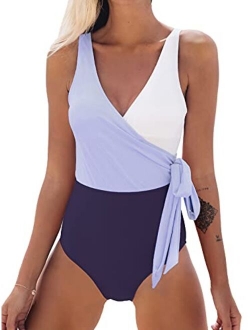 Women's One Piece Swimsuit Wrap Color Block Tie Side Bathing Suit