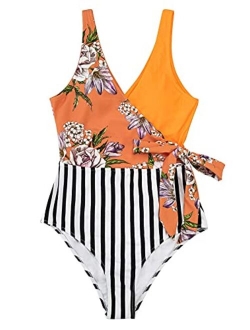 Women's One Piece Swimsuit Wrap Color Block Tie Side Bathing Suit