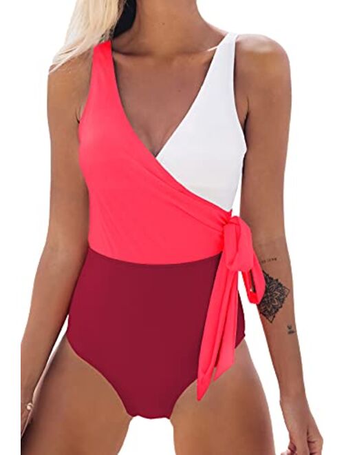 CUPSHE Women's One Piece Swimsuit Wrap Color Block Tie Side Bathing Suit