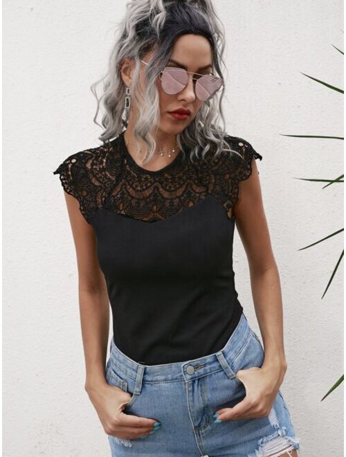 Shein Solid Guipure Lace Panel Top