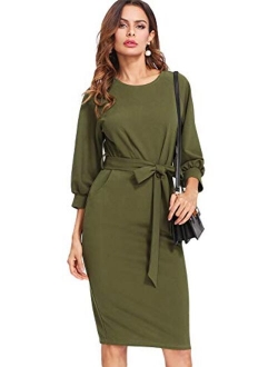 Women's Lantern Sleeve Tie Waist Midi Office Dress