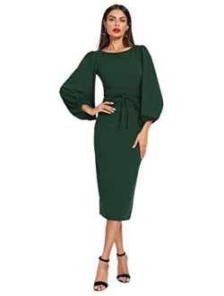 Women's Lantern Sleeve Tie Waist Midi Office Dress