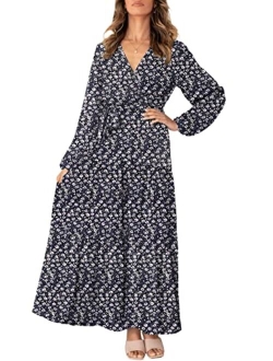 MITILLY Women's Boho Leopard Print Ruffle Long Sleeve V Neck Casual Flowy Party Maxi Dress