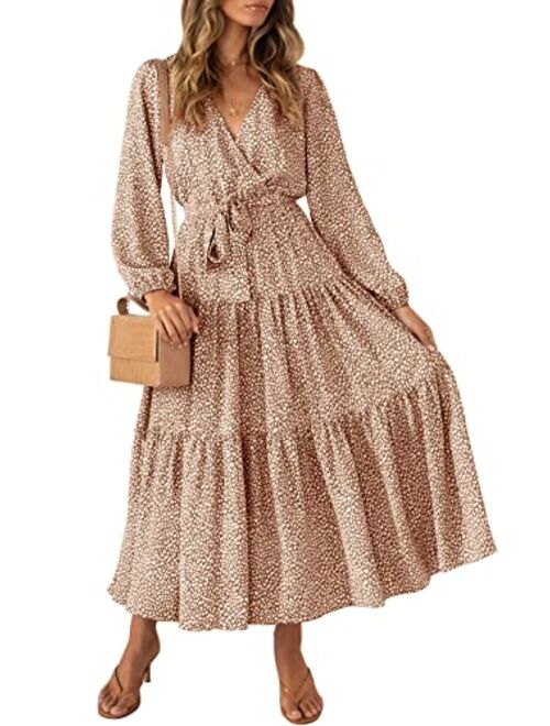 MITILLY Women's Boho Leopard Print Ruffle Long Sleeve V Neck Casual Flowy Party Maxi Dress