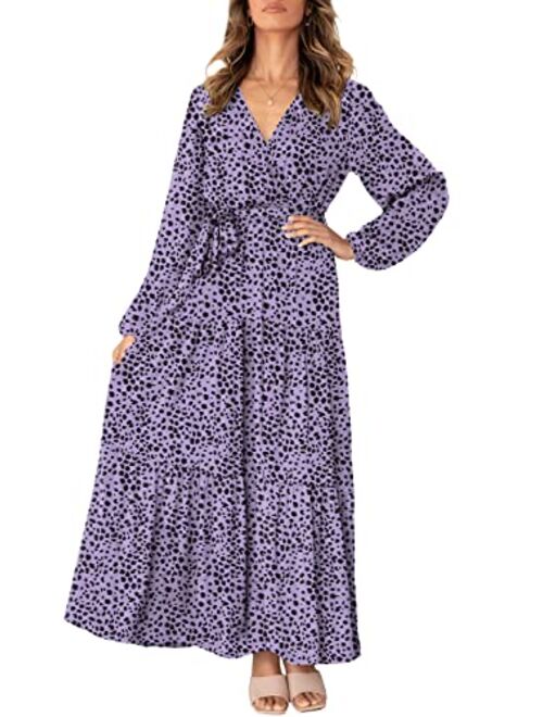 MITILLY Women's Boho Leopard Print Ruffle Long Sleeve V Neck Casual Flowy Party Maxi Dress