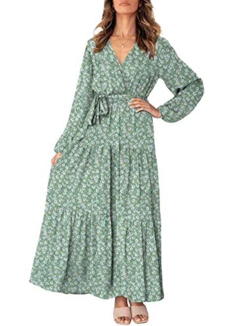 MITILLY Women's Boho Leopard Print Ruffle Long Sleeve V Neck Casual Flowy Party Maxi Dress