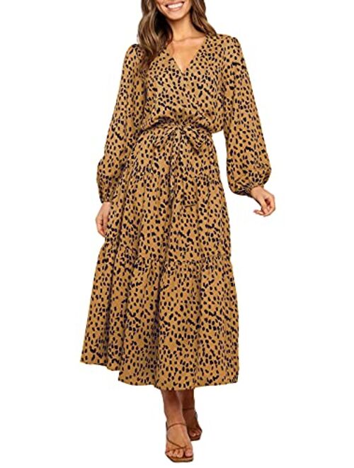 MITILLY Women's Boho Leopard Print Ruffle Long Sleeve V Neck Casual Flowy Party Maxi Dress