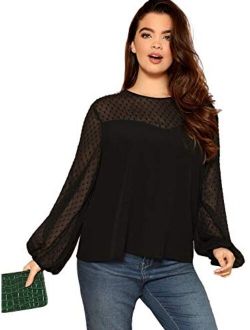 Women's Plus Lantern Long Sleeve Lace Swiss Dot Yoke Sweetheart Top Blouse