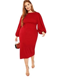 Women's Plus Size Round Neck Long Lantern Sleeve Bodycon Belted Dress