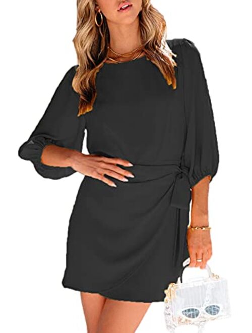 Paintcolors Women's Tie Front Mini Dress Balloon Sleeve Belted Office Chiffon Party Wrap Dress