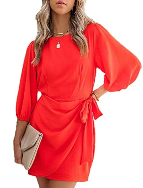 Paintcolors Women's Tie Front Mini Dress Balloon Sleeve Belted Office Chiffon Party Wrap Dress