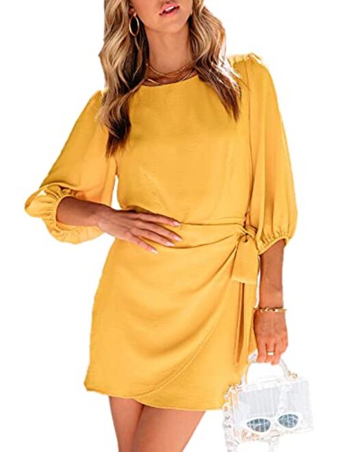 Paintcolors Women's Tie Front Mini Dress Balloon Sleeve Belted Office Chiffon Party Wrap Dress