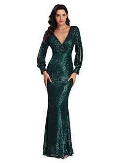 Women's Shinny Sequin Mermaid Evening Dress Sleeve Prom Gown