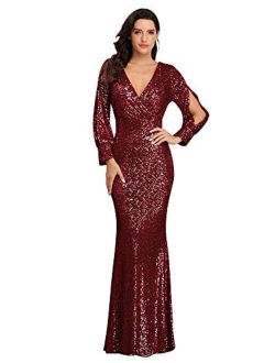 Women's Shinny Sequin Mermaid Evening Dress Sleeve Prom Gown