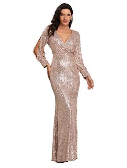 Women's Shinny Sequin Mermaid Evening Dress Sleeve Prom Gown