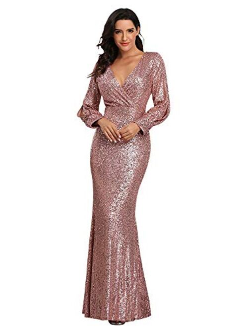 Women's Shinny Sequin Mermaid Evening Dress Sleeve Prom Gown