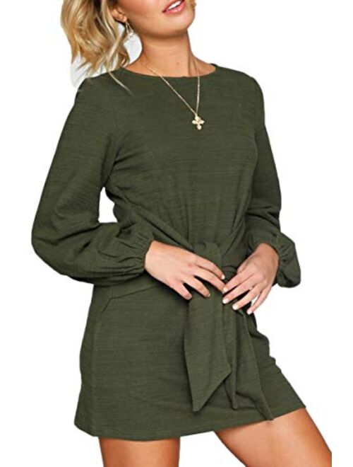 Almaree Women's Ribbed Casual Crew Neck Long Sleeve Tie Front Mini Dresses