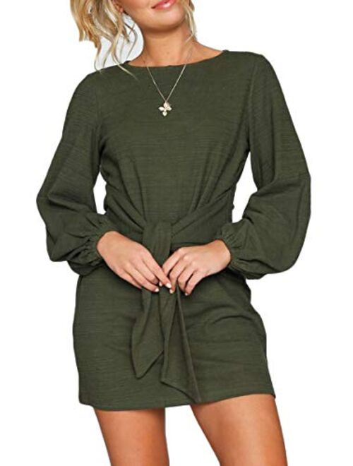 Almaree Women's Ribbed Casual Crew Neck Long Sleeve Tie Front Mini Dresses