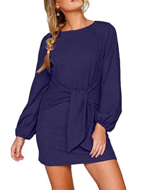 Almaree Women's Ribbed Casual Crew Neck Long Sleeve Tie Front Mini Dresses