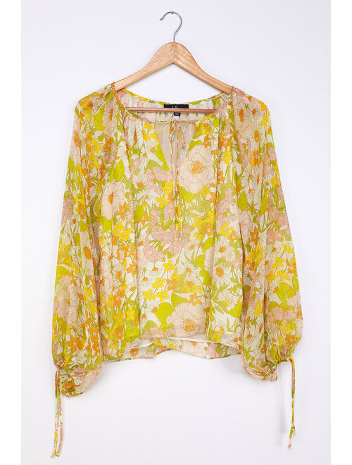 Lulus Bloom Service Green Multi Floral Print Balloon Sleeve Top