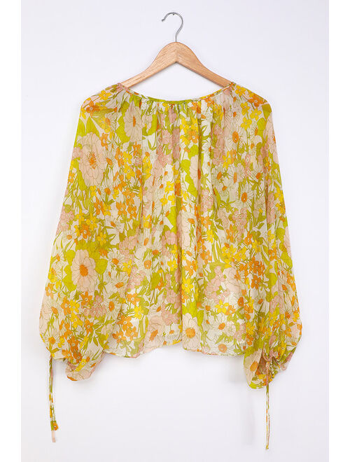 Lulus Bloom Service Green Multi Floral Print Balloon Sleeve Top