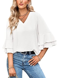 Women's Casual Floral Blouse Batwing Sleeve Loose Fitting Shirts Boho Knot Front Tops