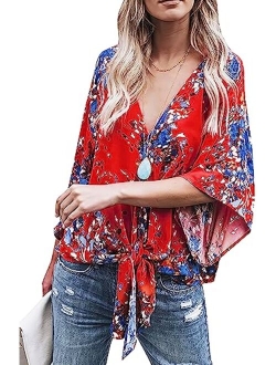 Women's Casual Floral Blouse Batwing Sleeve Loose Fitting Shirts Boho Knot Front Tops