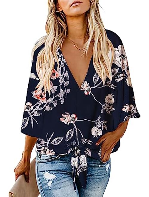 Women's Casual Floral Blouse Batwing Sleeve Loose Fitting Shirts Boho Knot Front Tops