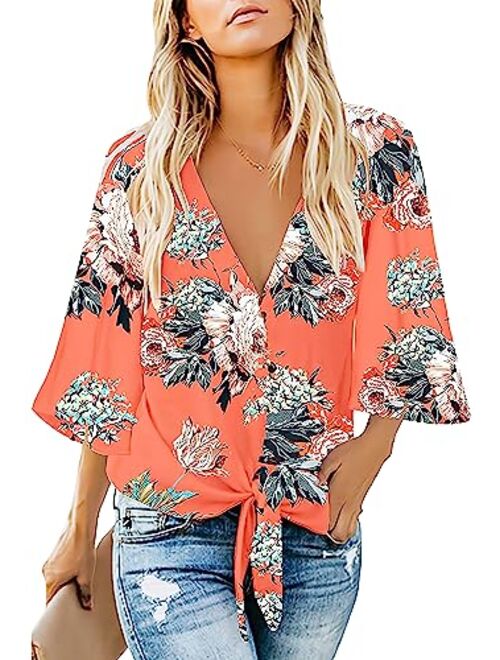 Women's Casual Floral Blouse Batwing Sleeve Loose Fitting Shirts Boho Knot Front Tops