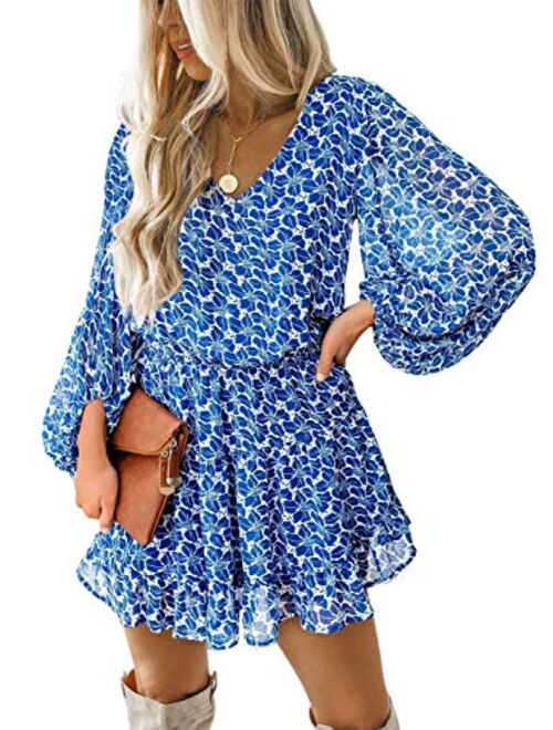 Dokotoo Womens Summer Spring V Neck Ruffle Chiffon Elegant Tie Knot Mini Short Swing Skater Dresses