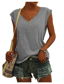 Langwyqu Womens Cap Sleeve T-Shirt Casual Loose Fit Basic Shirts Tank Tops