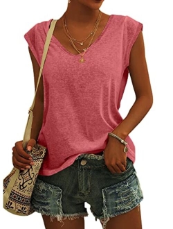 Langwyqu Womens Cap Sleeve T-Shirt Casual Loose Fit Basic Shirts Tank Tops