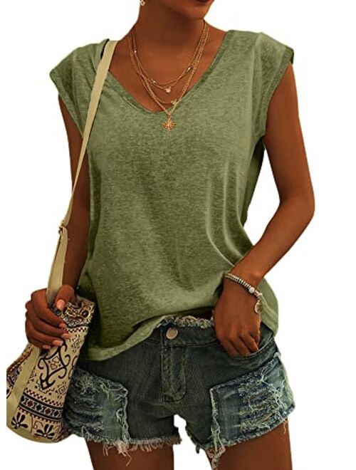 Langwyqu Womens Cap Sleeve T-Shirt Casual Loose Fit Basic Shirts Tank Tops