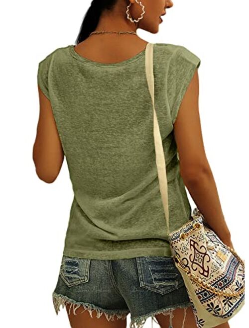 Langwyqu Womens Cap Sleeve T-Shirt Casual Loose Fit Basic Shirts Tank Tops