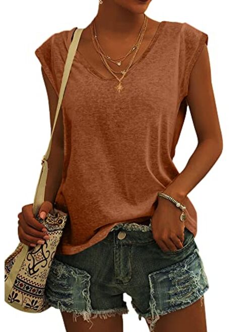 Langwyqu Womens Cap Sleeve T-Shirt Casual Loose Fit Basic Shirts Tank Tops