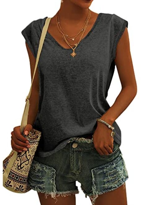 Langwyqu Womens Cap Sleeve T-Shirt Casual Loose Fit Basic Shirts Tank Tops