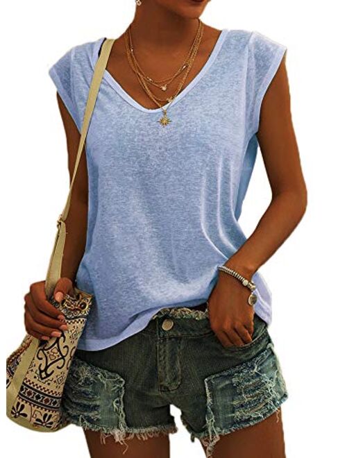 Langwyqu Womens Cap Sleeve T-Shirt Casual Loose Fit Basic Shirts Tank Tops