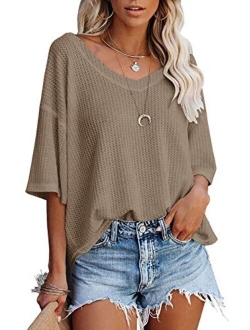 Women's V Neck Batwing Half Sleeve Shirts Waffle Knit Loose Blouse Solid Color Tops