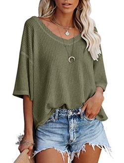 Women's V Neck Batwing Half Sleeve Shirts Waffle Knit Loose Blouse Solid Color Tops