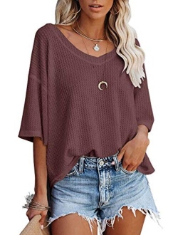 Women's V Neck Batwing Half Sleeve Shirts Waffle Knit Loose Blouse Solid Color Tops