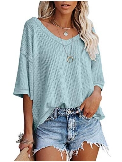 Women's V Neck Batwing Half Sleeve Shirts Waffle Knit Loose Blouse Solid Color Tops