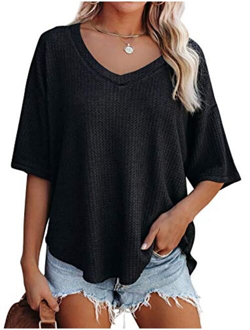 MEROKEETY Women's V Neck Batwing Half Sleeve Shirts Waffle Knit Loose Blouse Solid Color Tops