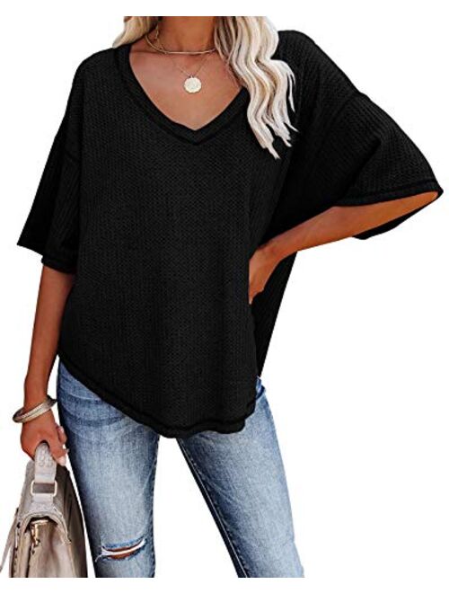 MEROKEETY Women's V Neck Batwing Half Sleeve Shirts Waffle Knit Loose Blouse Solid Color Tops