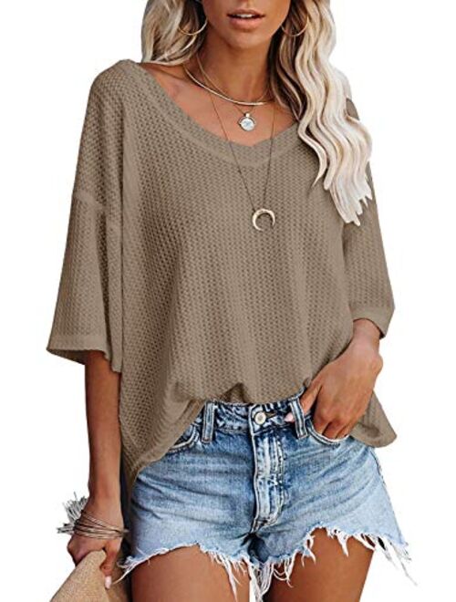 MEROKEETY Women's V Neck Batwing Half Sleeve Shirts Waffle Knit Loose Blouse Solid Color Tops