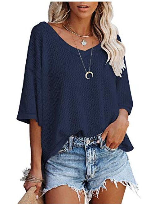 MEROKEETY Women's V Neck Batwing Half Sleeve Shirts Waffle Knit Loose Blouse Solid Color Tops