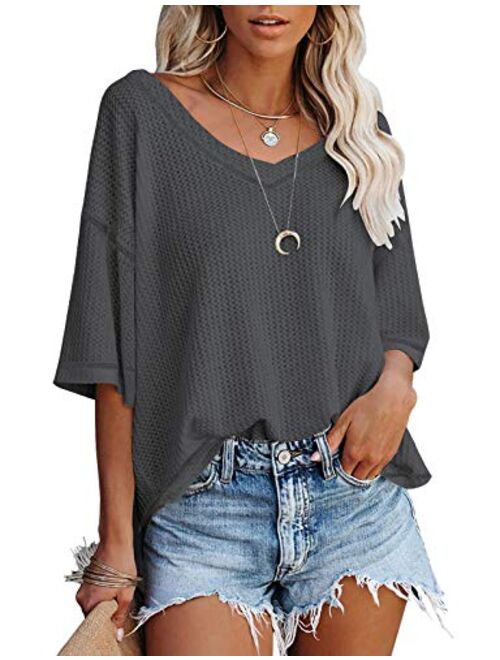 MEROKEETY Women's V Neck Batwing Half Sleeve Shirts Waffle Knit Loose Blouse Solid Color Tops